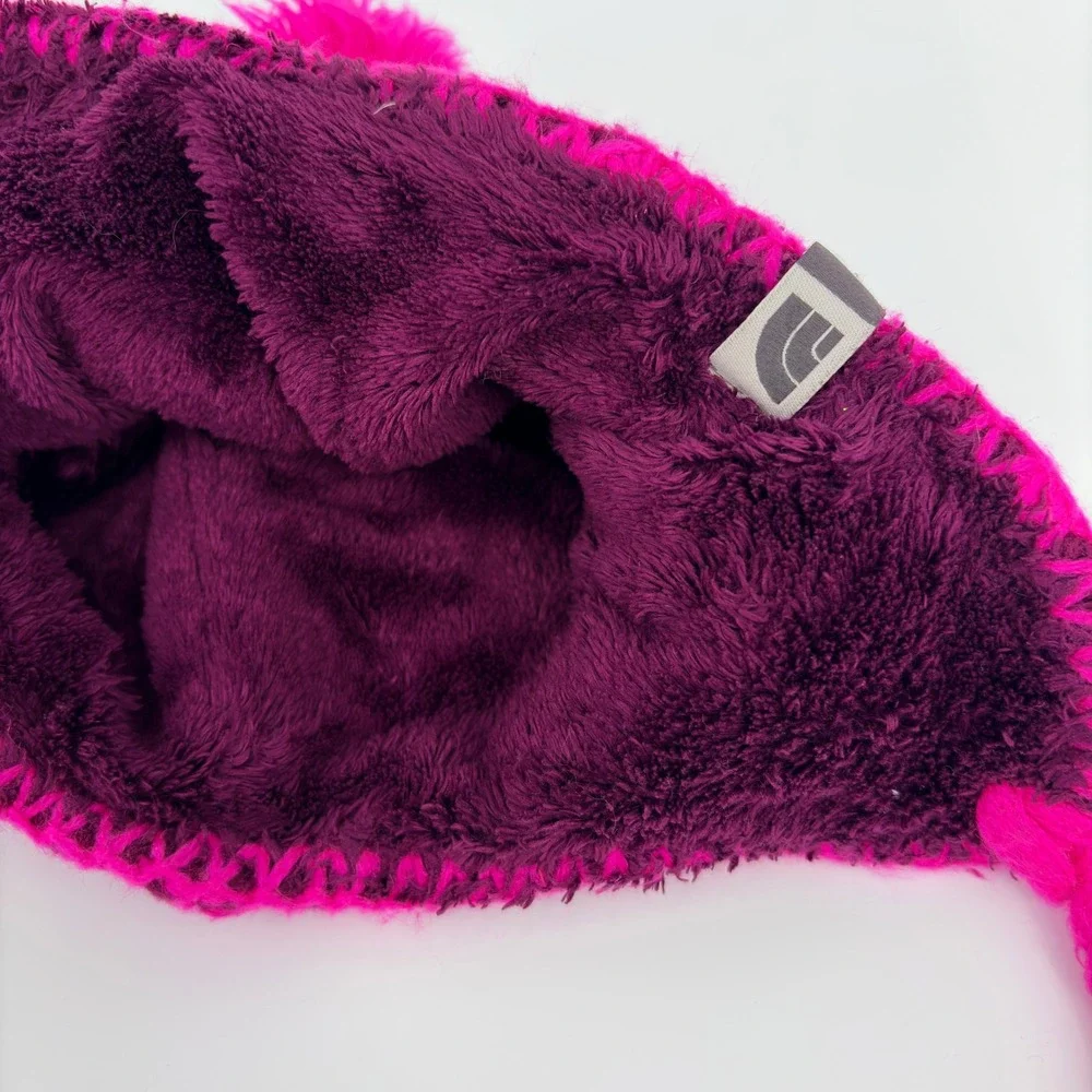 The North Face‎ Girls Knit Earflap Beanie Hat Pink/Burgundy Fleece Lined Pom S/M